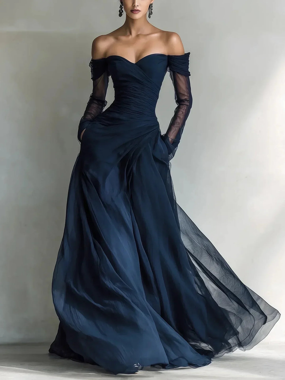 Eleonora • Long Off-Shoulder Dress with Mesh Inserts