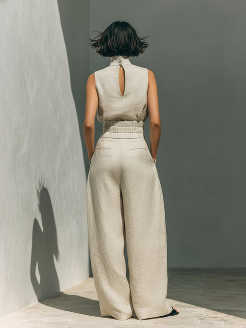 Aurora • Set with Beige Sleeveless Cotton-Linen Top and Wide-Leg Trousers
