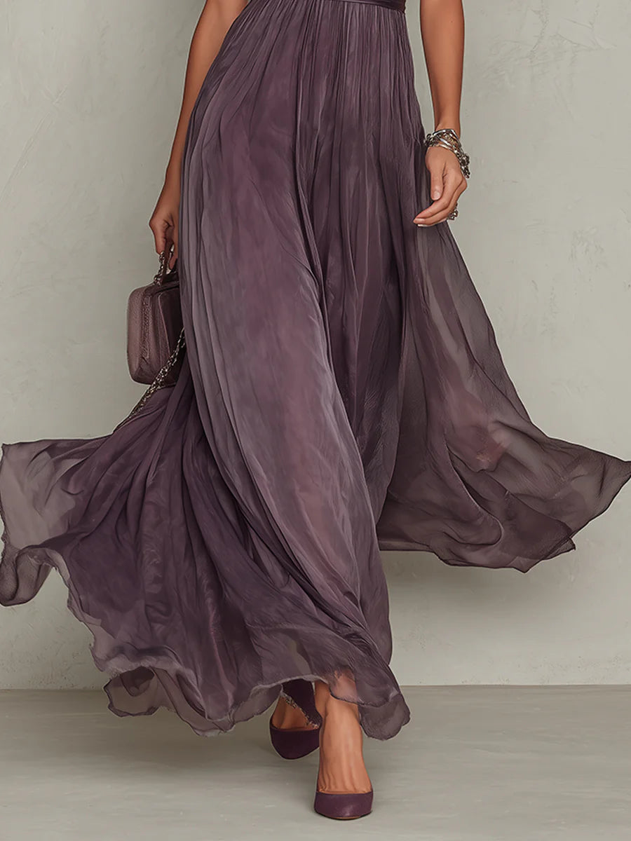Flavia • Long Purple Dress with V-Neck, Trimmed with Chiffon Lace