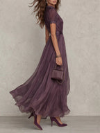 Flavia • Long Purple Dress with V-Neck, Trimmed with Chiffon Lace