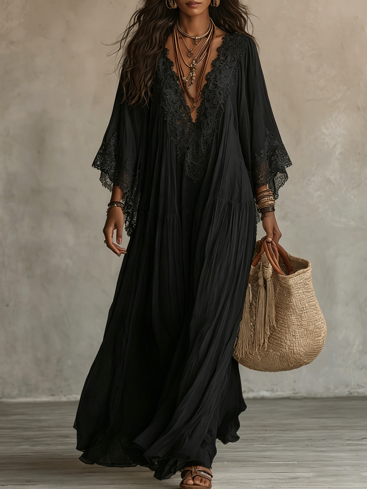 Adelaida | Long Dress with V-Neckline and Batwing Sleeves