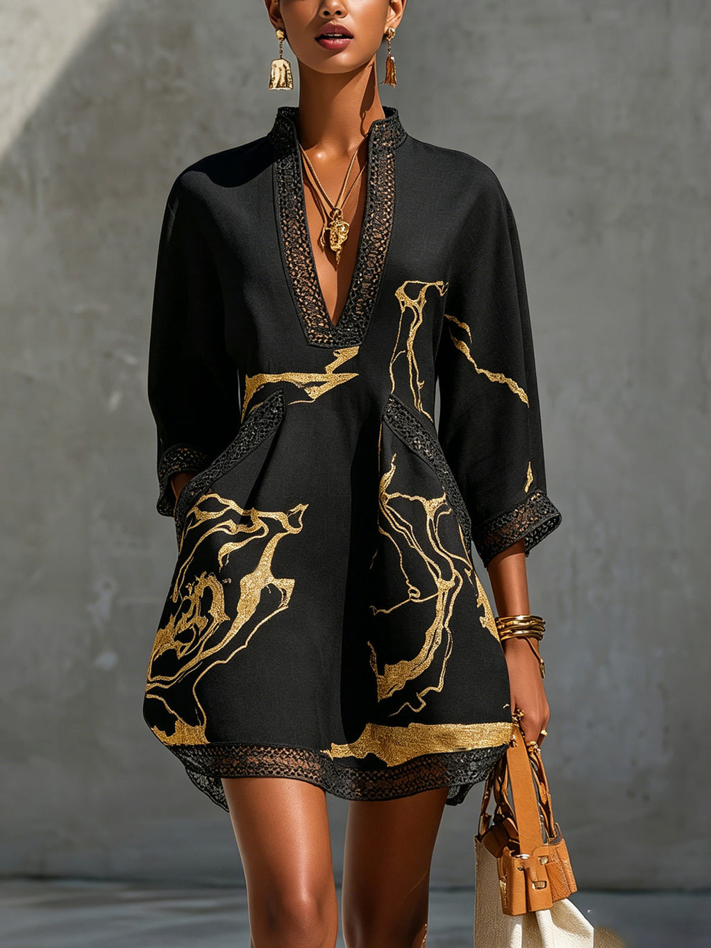 Donatella | Black Mini Dress with Gold Marble Print and Crochet Lace